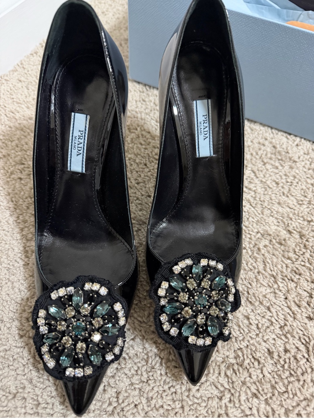 Prada Black Patent Leather Pointed Toe Pumps with Teal and Clear Jeweled Rosette